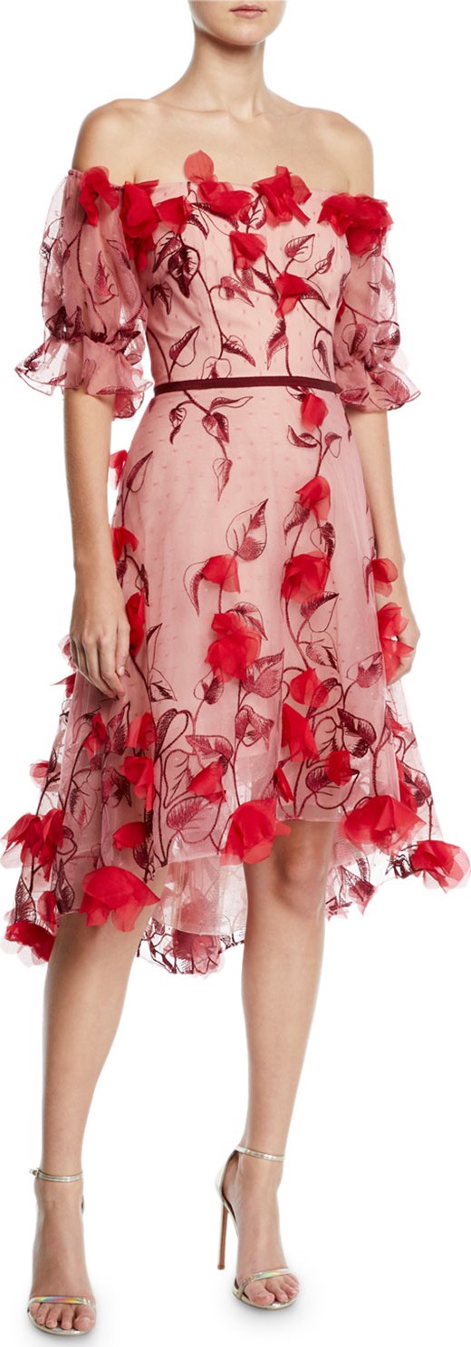 Marchesa Notte Off-the-Shoulder 3D Floral Embroidered Cocktail Dress