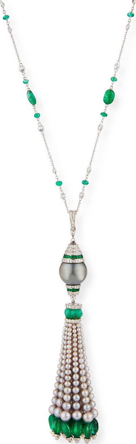 Andreoli 18k White Gold Emerald, Diamond & Pearl Tassel Necklace