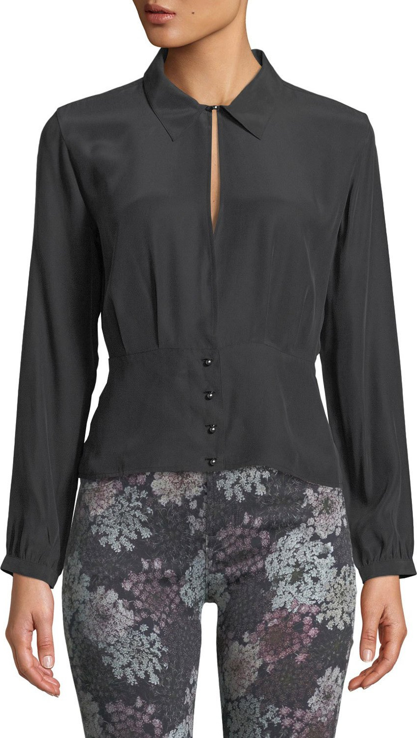 J BRAND Lindsey Silk Long-Sleeve Keyhole Blouse