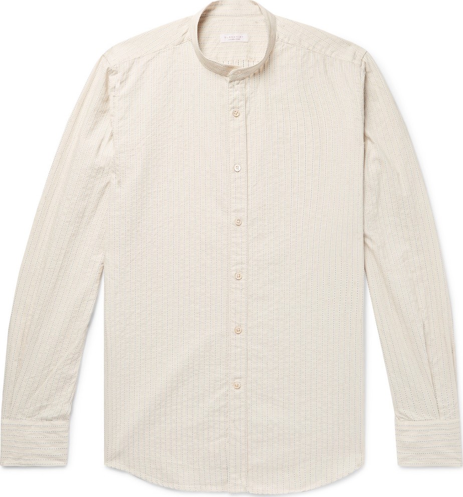 Incotex Grandad-Collar Striped Cotton and Linen-Blend Shirt