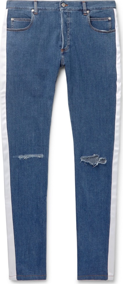 Balmain Skinny-Fit Satin-Trimmed Distressed Denim Jeans