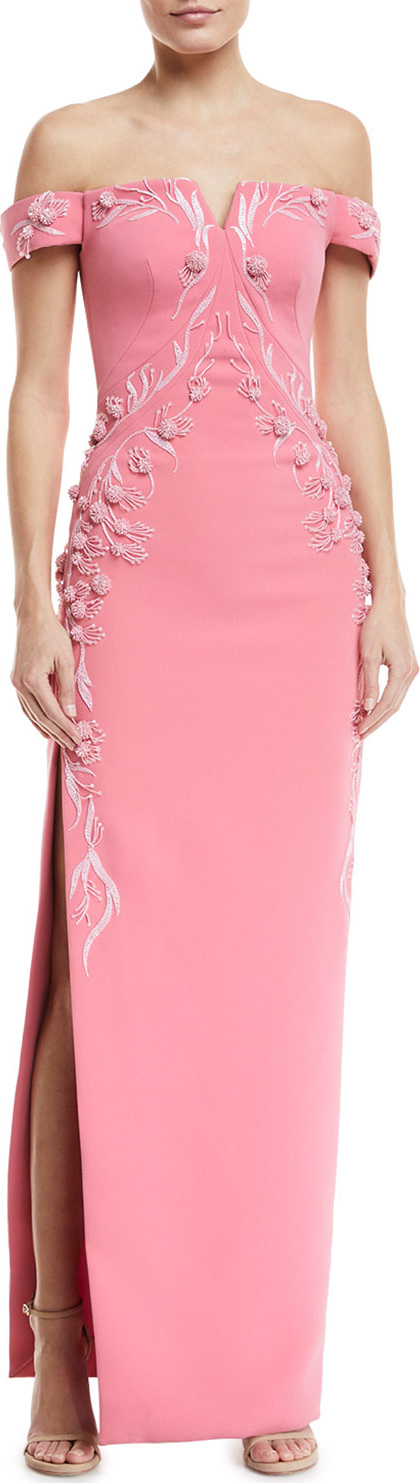 Zac Posen Off-the-Shoulder Bonded Crepe Evening Gown w/ Floral Embroidery