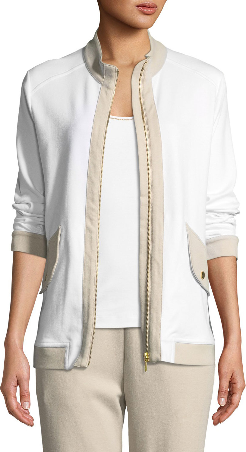 Joan Vass Contrast-Trim Zip-Front Pique Jacket