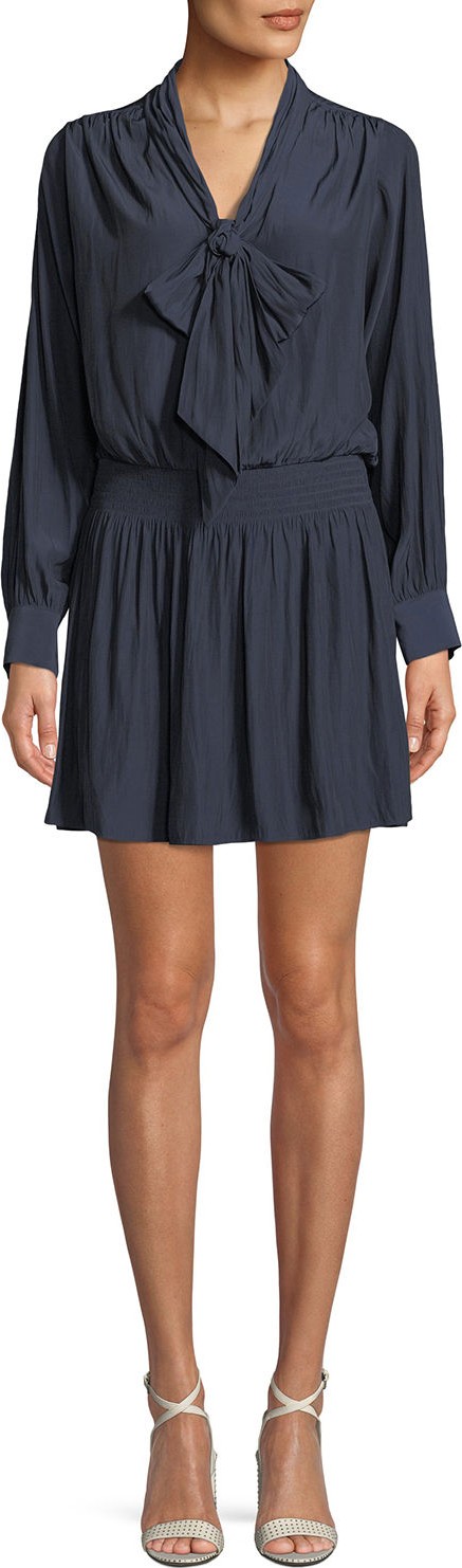 Ramy Brook Winslow Tie-Neck Long-Sleeve Short Dress