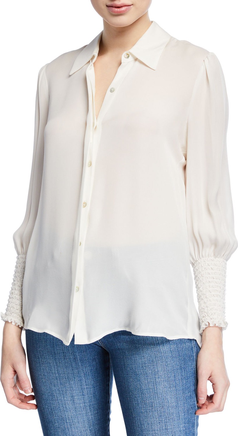 L'AGENCE Lucien Smocked-Cuff Collared Blouse