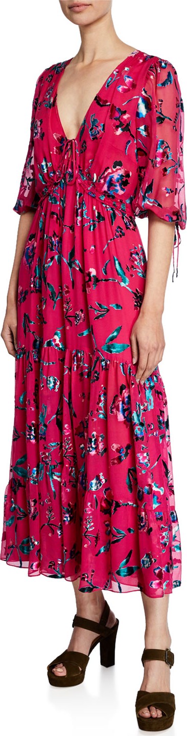 Tanya Taylor Dulce Floral Burnout V-Neck Ruffle Dress Tanya Taylor Dulce Floral Burnout V-Neck Ruffle Dress