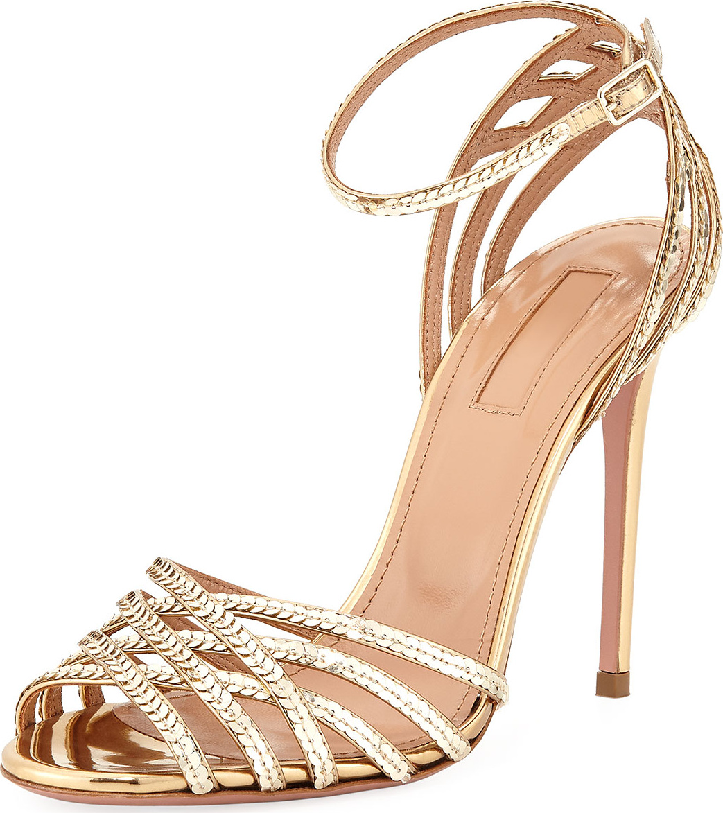 Aquazzura Studio Sequin Metallic Leather Sandal with Ankle Strap
