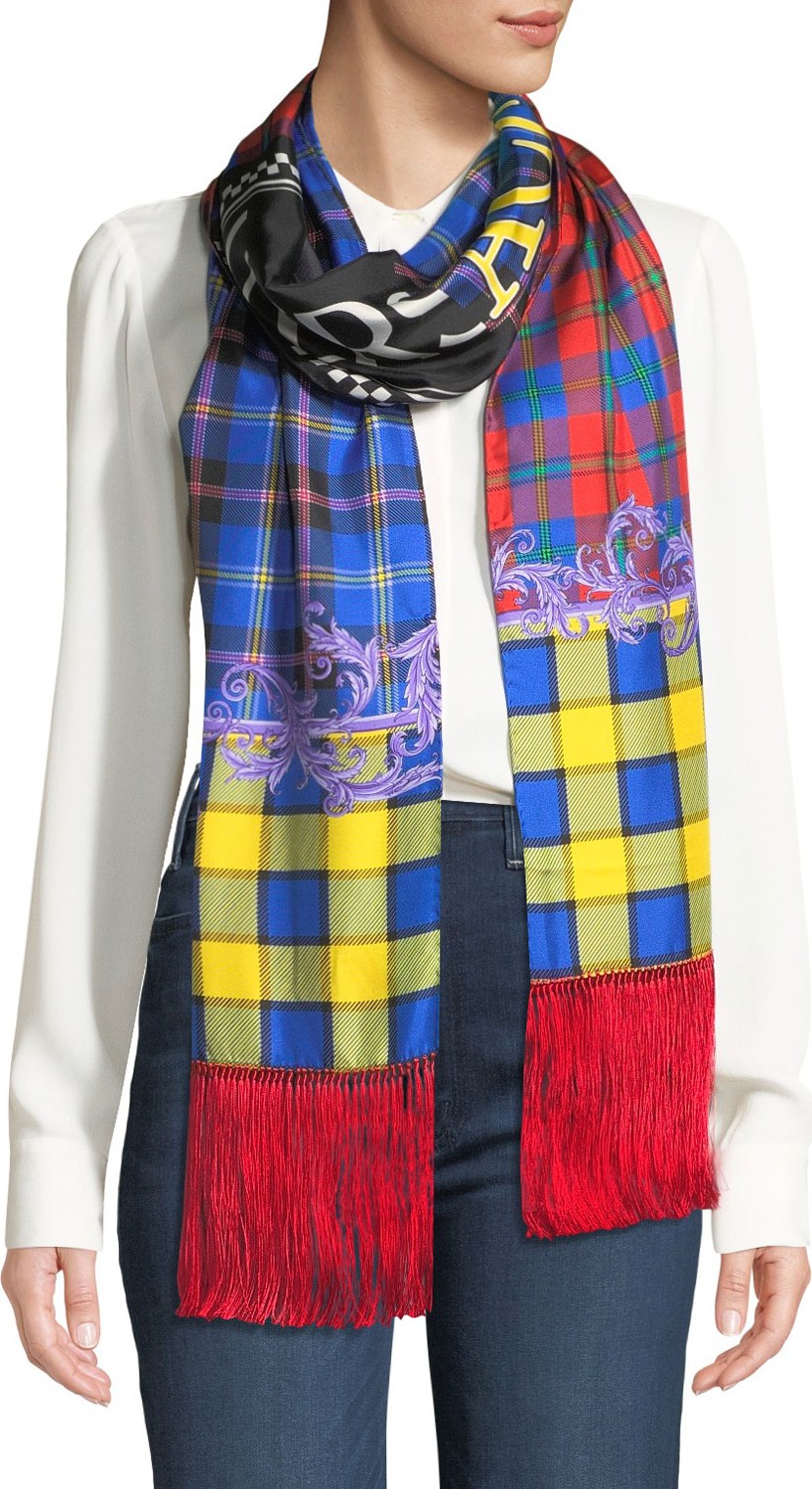 Versace Collection Patchwork Plaid Silk Scarf w/ Mismatched Logo