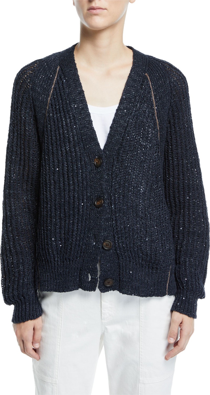 Brunello Cucinelli Shimmered Linen-Silk Ribbed Cardigan