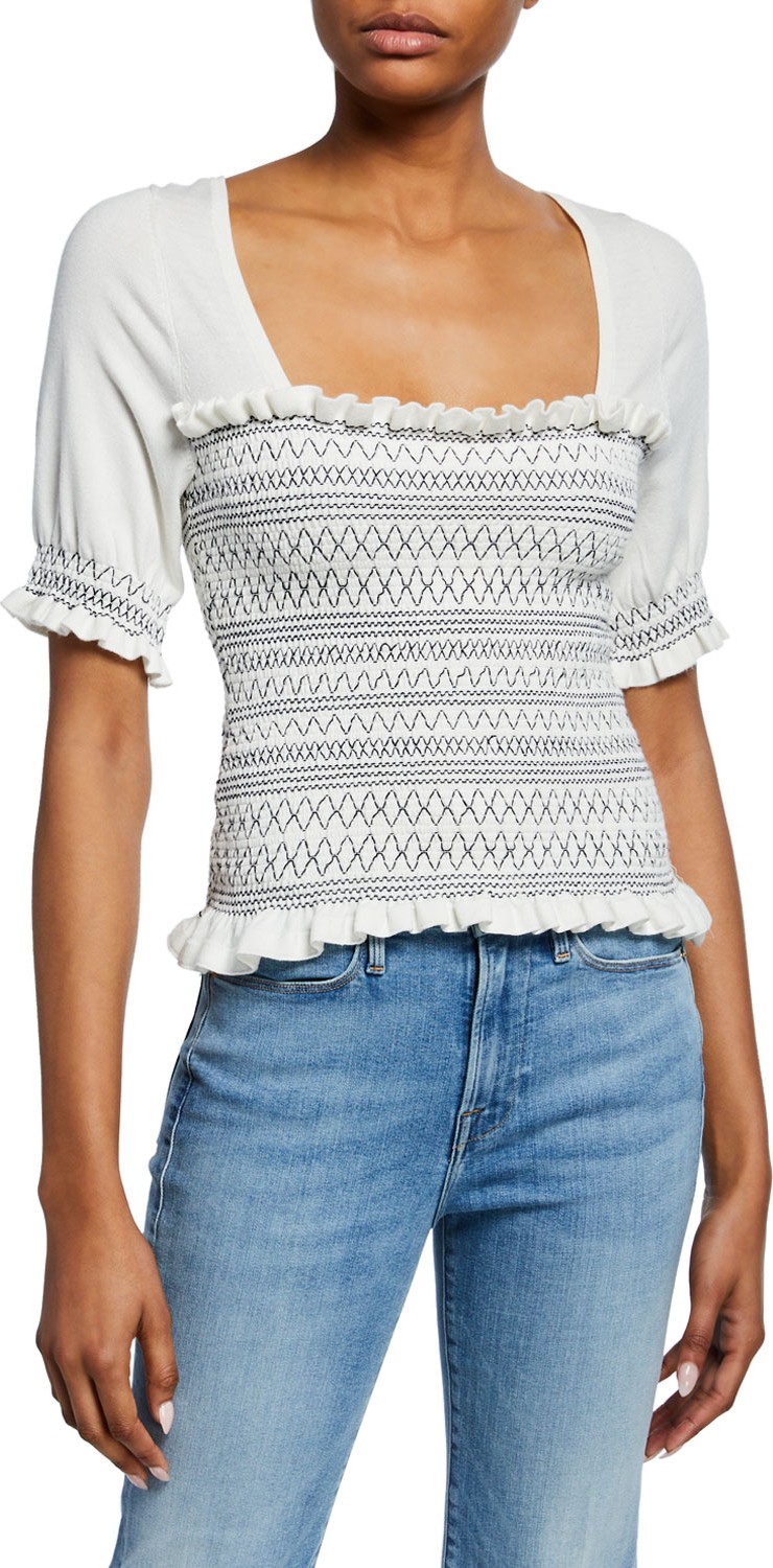 MILLY Scoop-Neck Short-Sleeve Smocked Ruffle-Trim Top