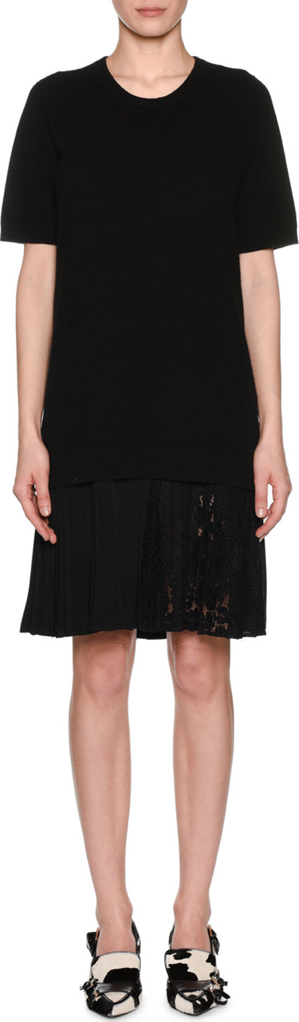 Nº21 Pleated Lace Hem Short-Sleeve Crewneck Wool Dress