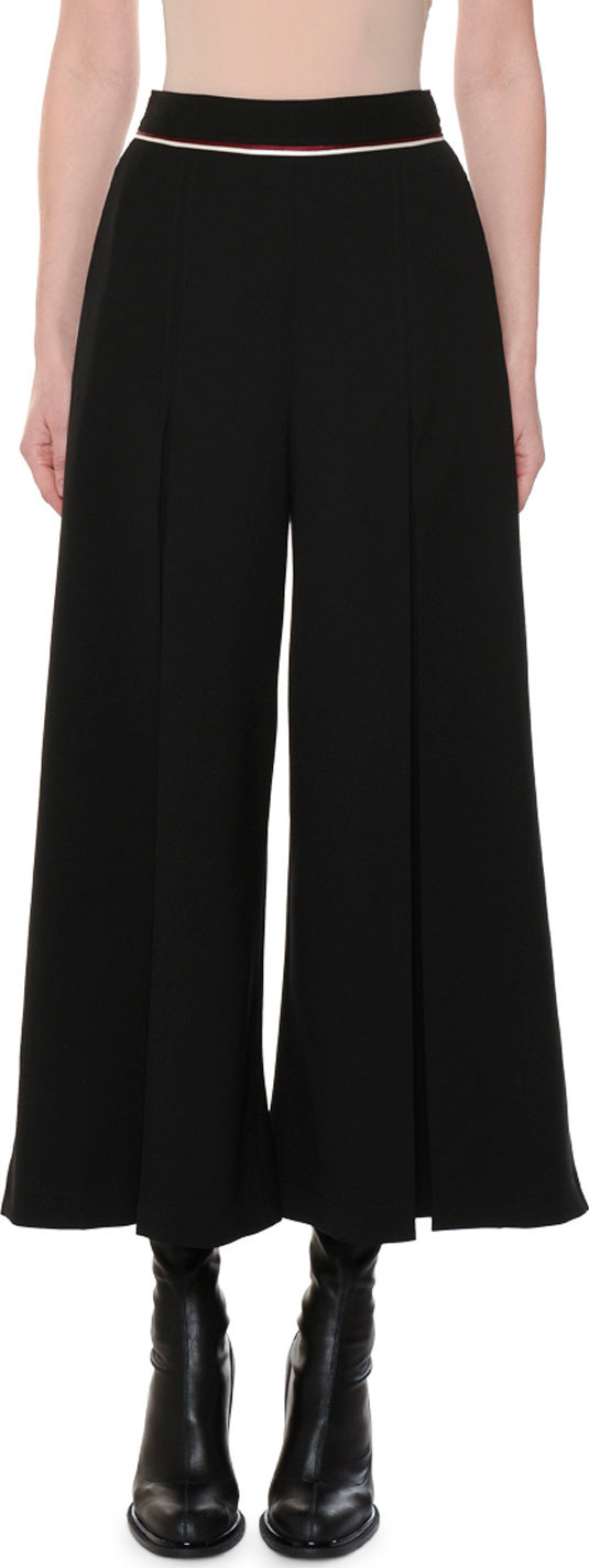 Stella McCartney Piped-Waist Inverted-Pleat Wide-Leg Wool Culotte Pants
