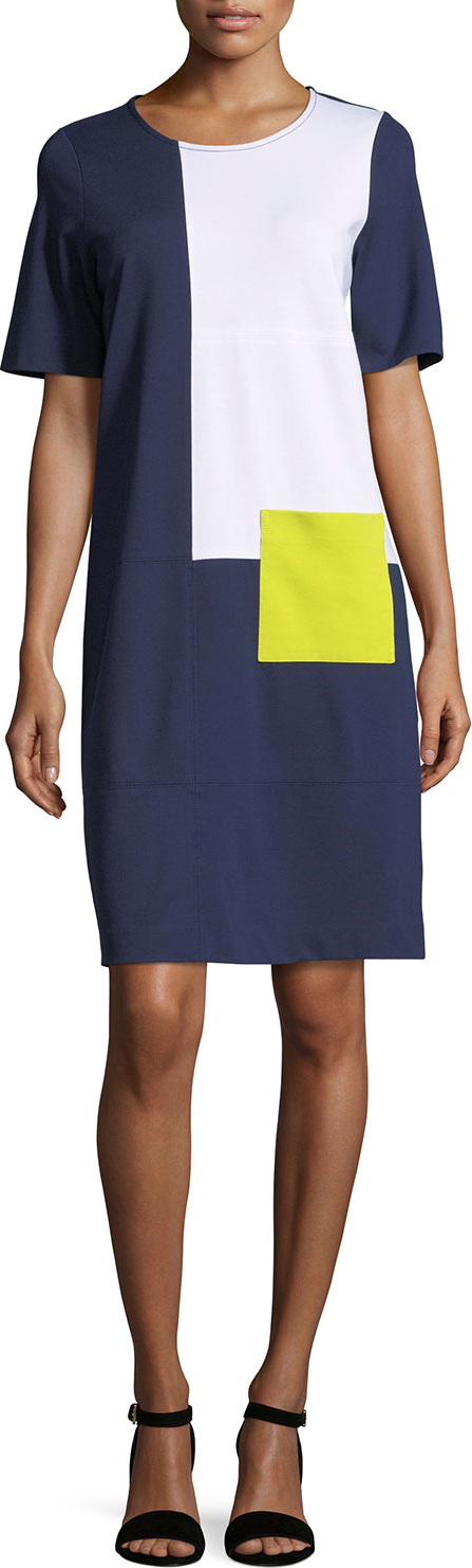 Joan Vass Colorblock Short-Sleeve Pocket Dress