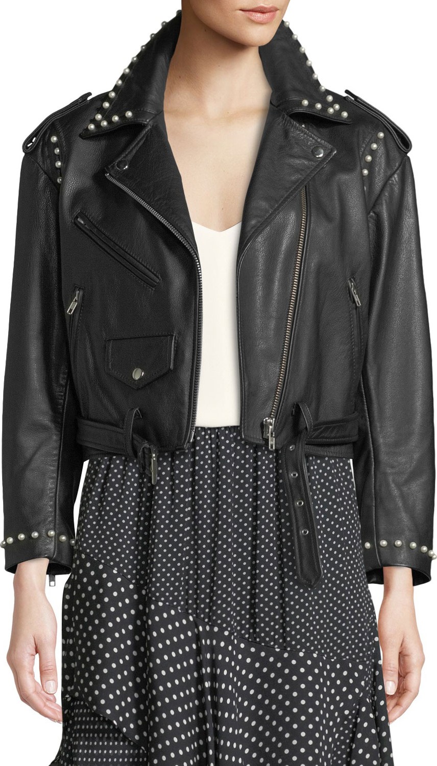 Joie Humla Zip-Front Pearlescent-Stud Moto Lamb Leather Jacket