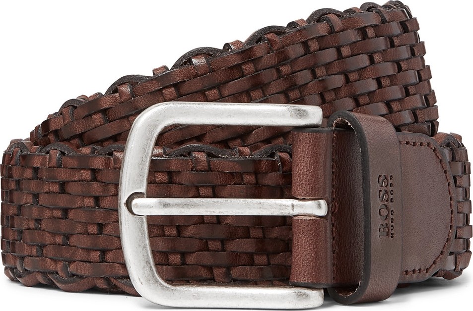 HUGO BOSS 3.5cm Dark-Brown Woven Leather Belt