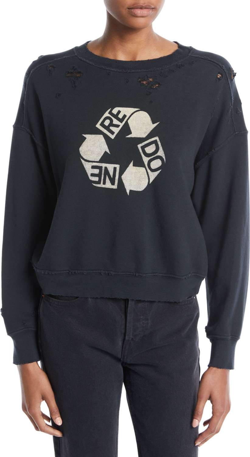 RE/DONE Recycle Distressed Crewneck Cotton Sweatshirt