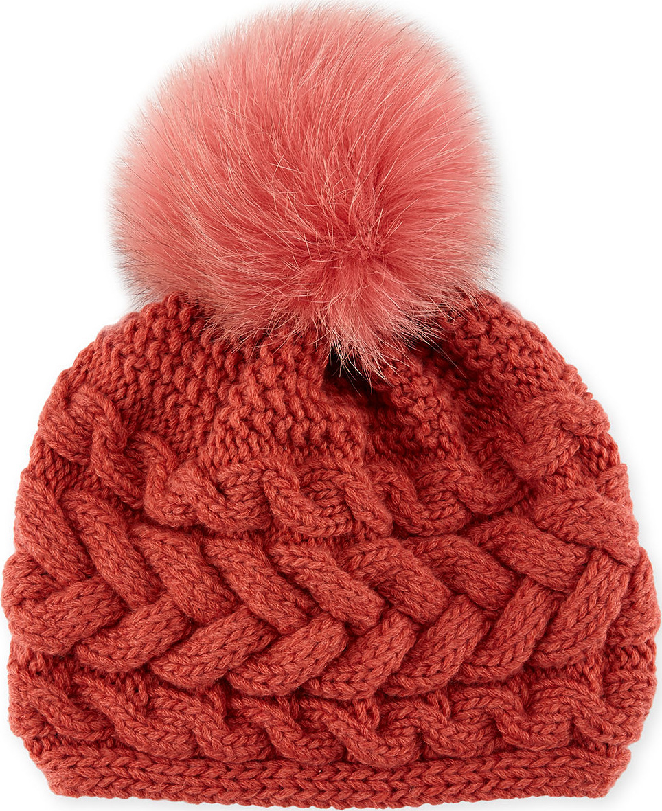 Inverni Cashmere Cable-Knit Beanie w/ Fur Pompom