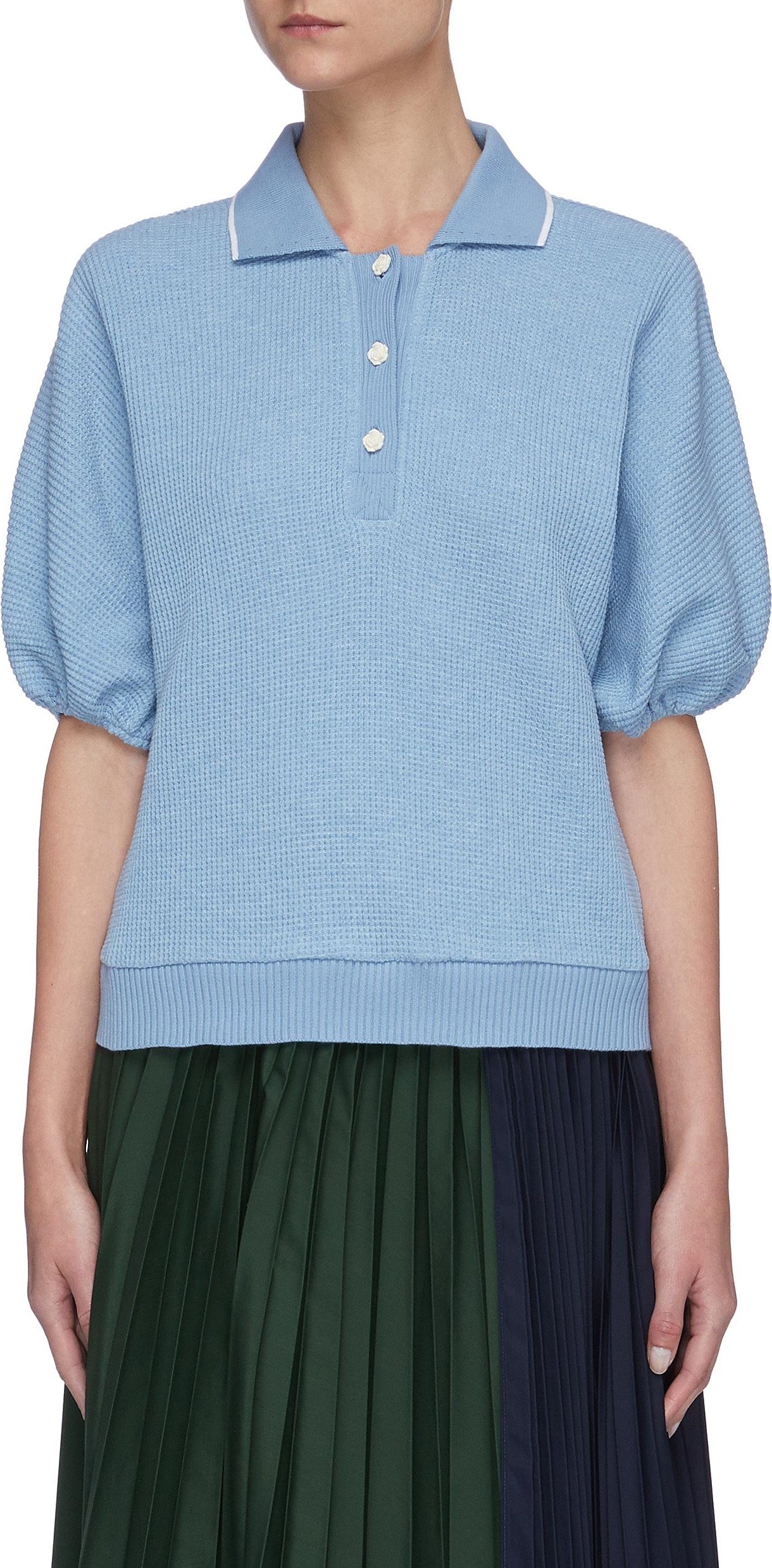 Short Sentence Puff sleeves waffle knit polo shirt