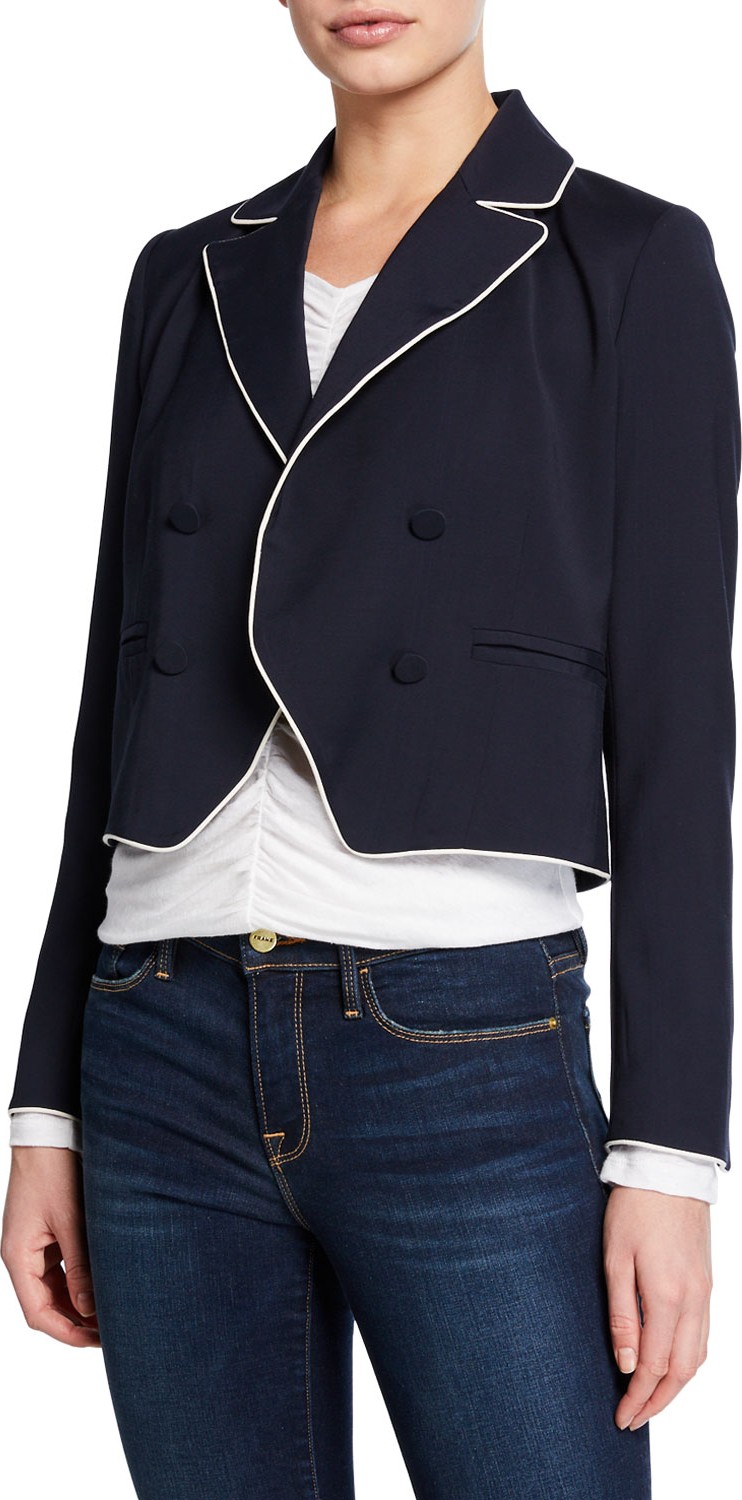 FRAME DENIM Double-Breasted Cropped Jacket w/ Piping