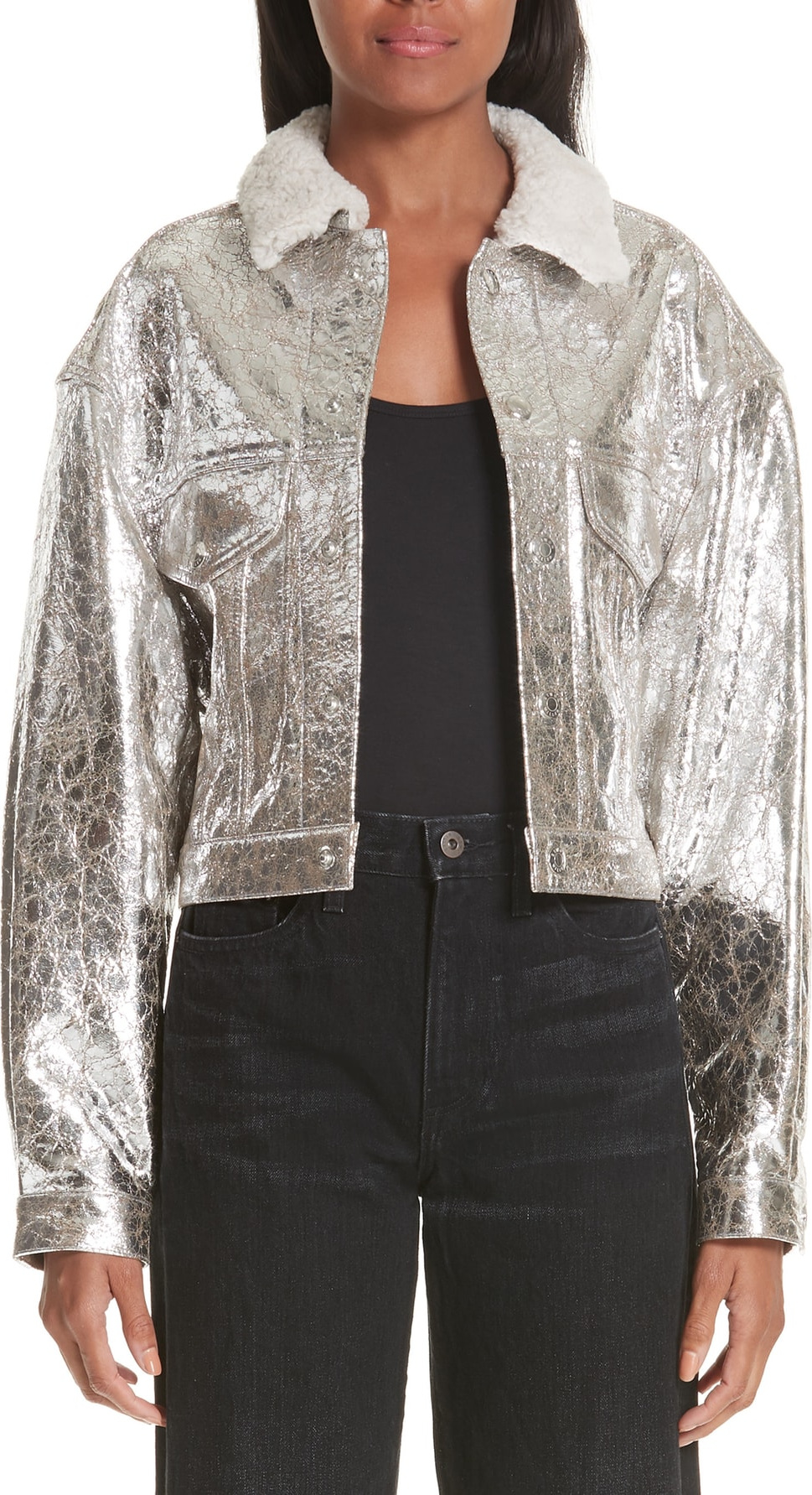 Simon Miller Metallic Leather Jacket with Genuine Shearling Collar