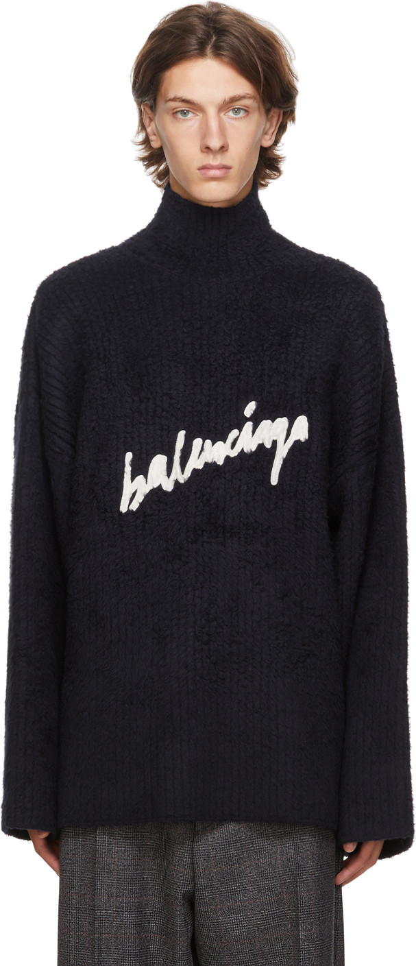 Balenciaga - Navy Oversized Signature Logo Turtleneck