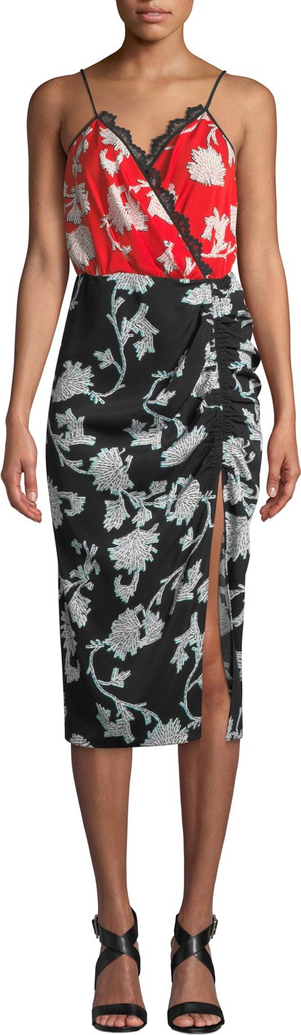 DIANE von FURSTENBERG Ebony Printed V-Neck Cocktail Dress with Lace Trim