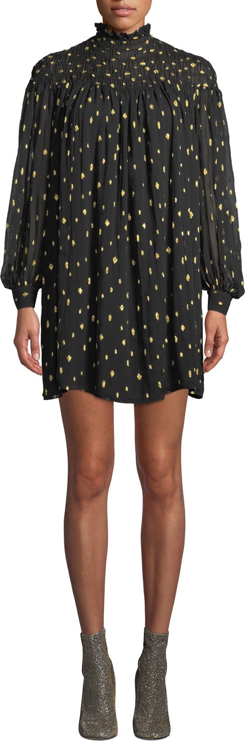 FRAME DENIM Smocked Metallic Long-Sleeve Mini Dress