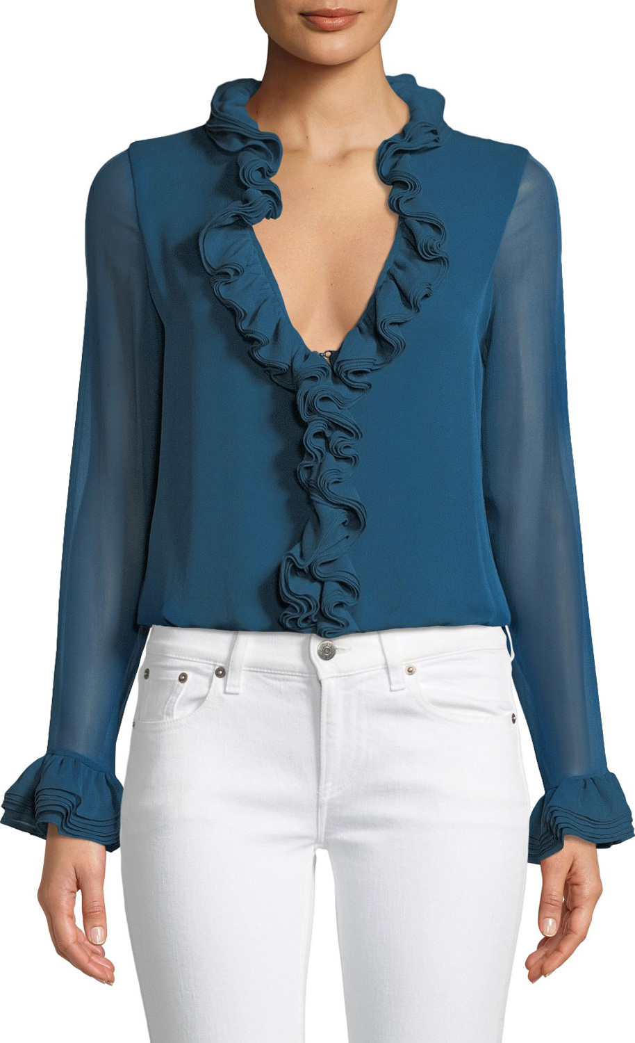 Elie Tahari Chandana Ruffled V-Neck Long-Sleeve Silk Blouse