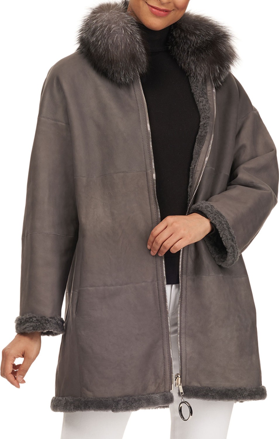 Christia Suede Lamb-Shearling Coat with Fox Fur Collar