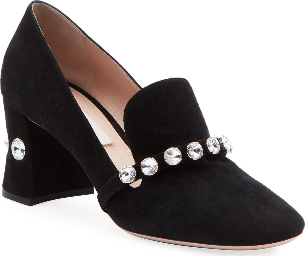Miu Miu Crystal Suede Block-Heel Loafers