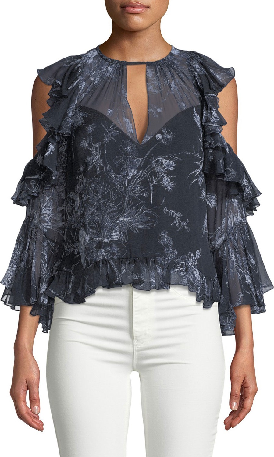 Cinq A Sept Grace Cold-Shoulder Ruffled Silk Blouse