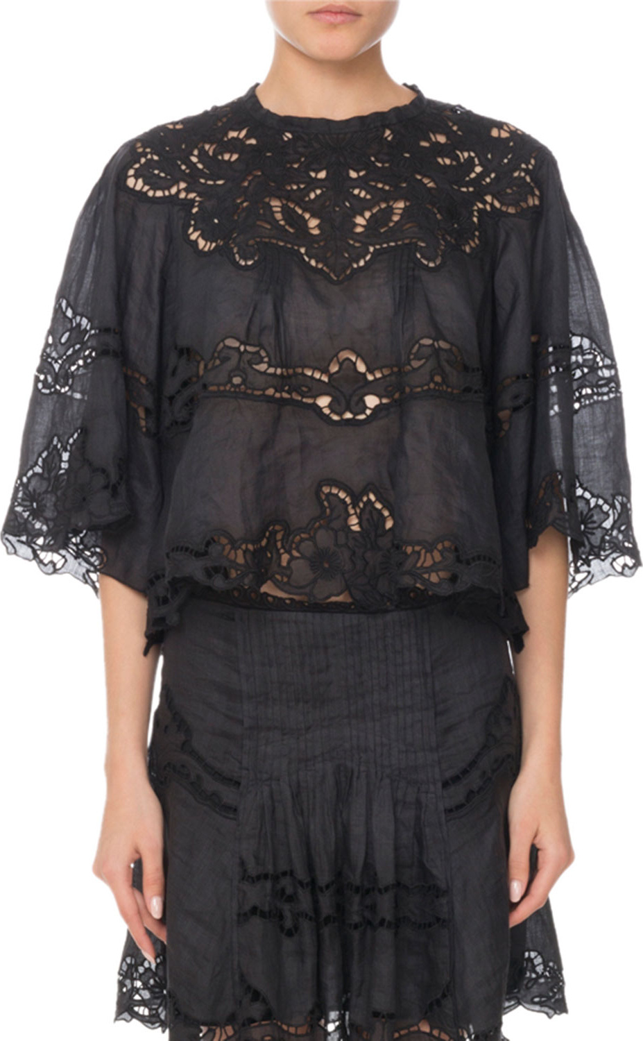 Isabel Marant Eyelet-Lace Elbow-Sleeve Ramie Top
