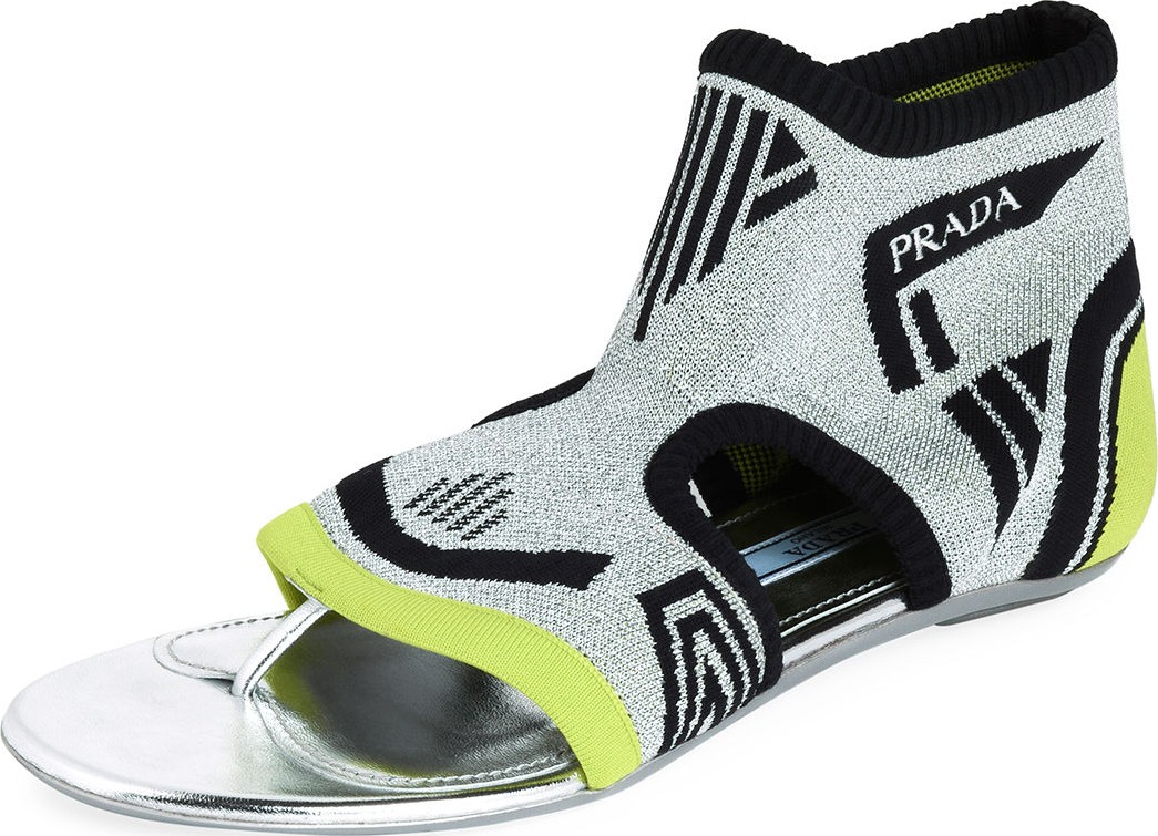 Prada Metallic Stretch-Knit Sock Sandals