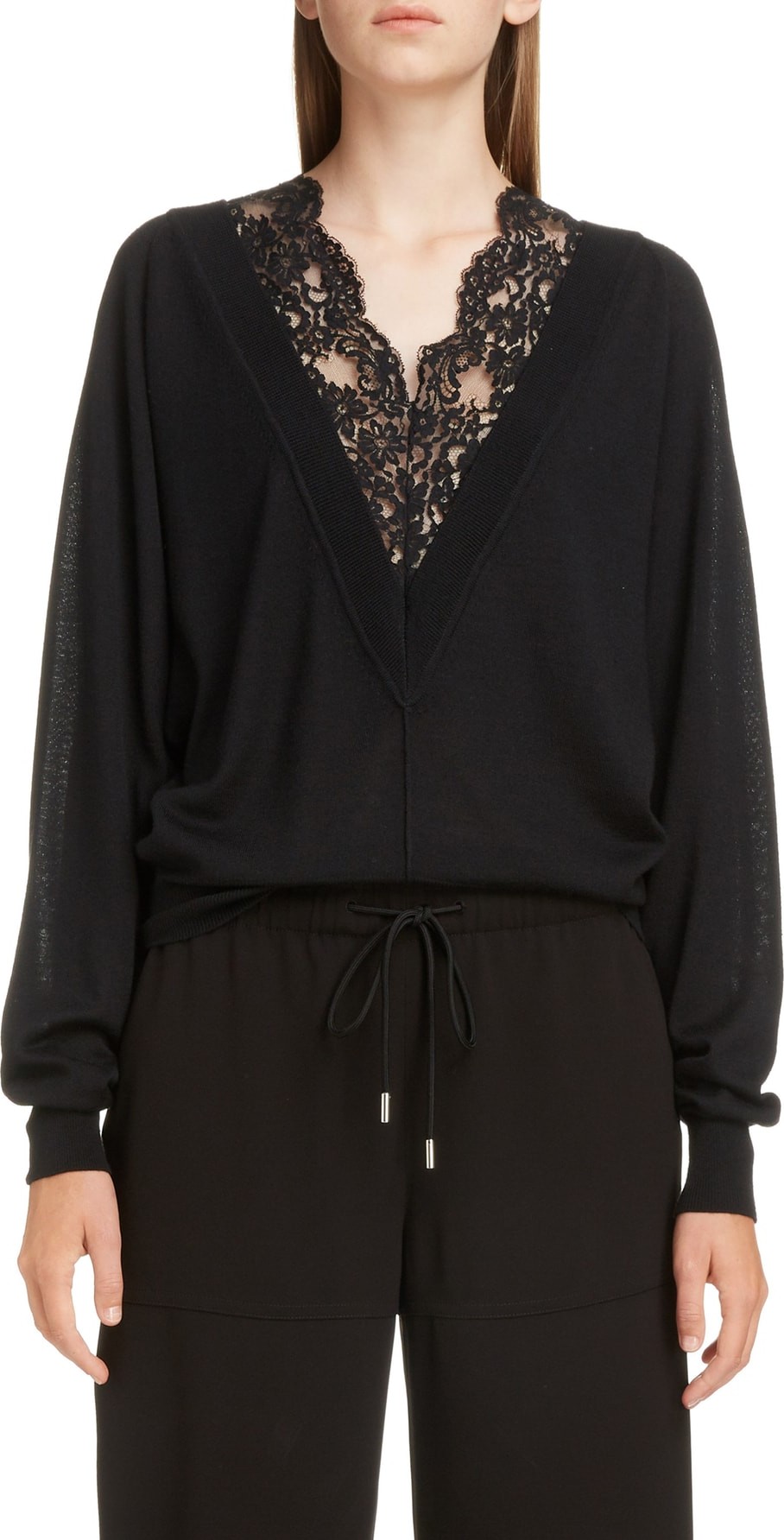 Chloe Plunging Lace Neck Wool & Silk Sweater