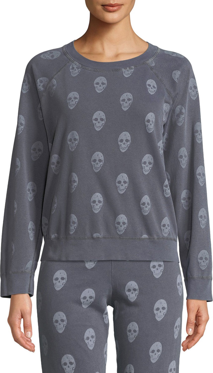 MONROW Vintage Skull-Print Raglan Pullover Sweater