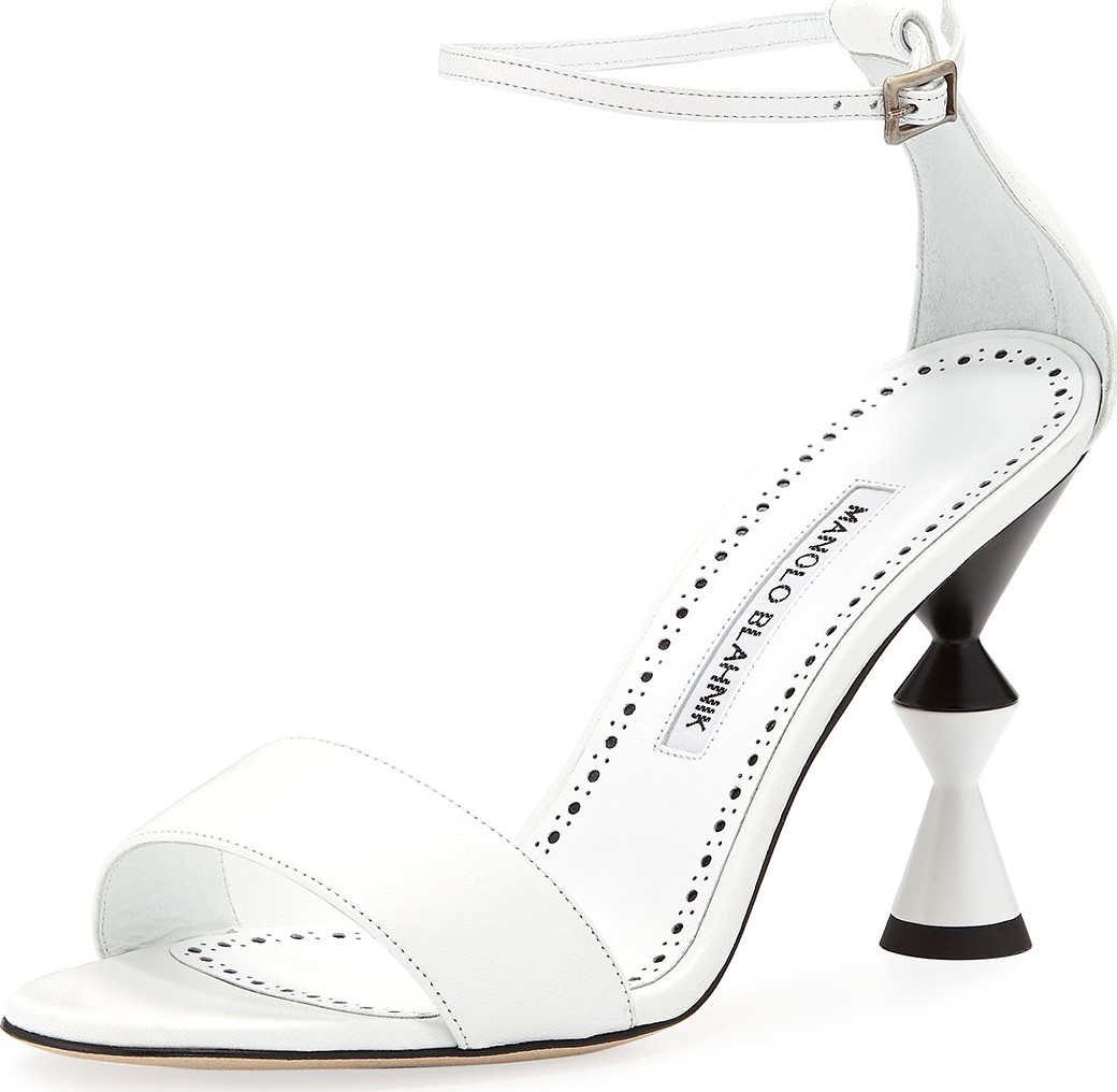 Manolo Blahnik Leda Leather Ankle-Wrap Sandals with Sculpted Heel