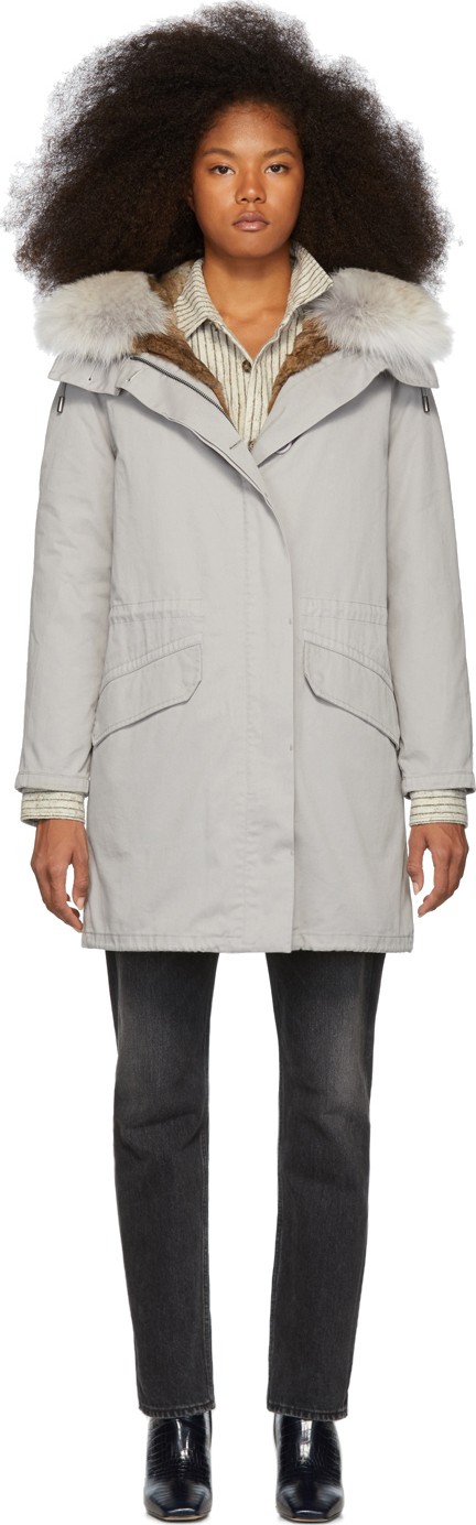 Army By Yves Salomon Grey Down & Fur Cotton Parka