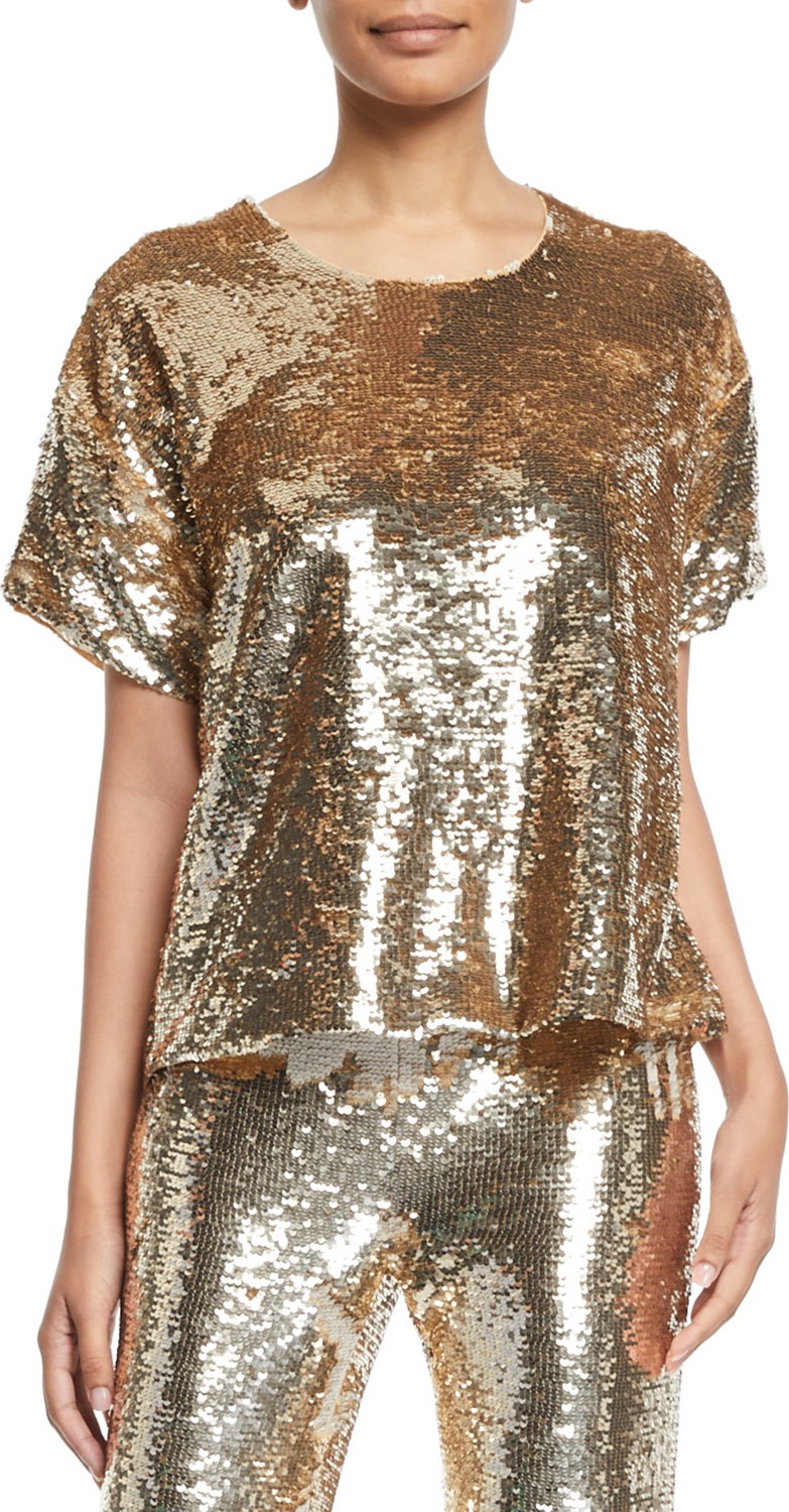 FIGUE Layla Short-Sleeve Sequin Blouse