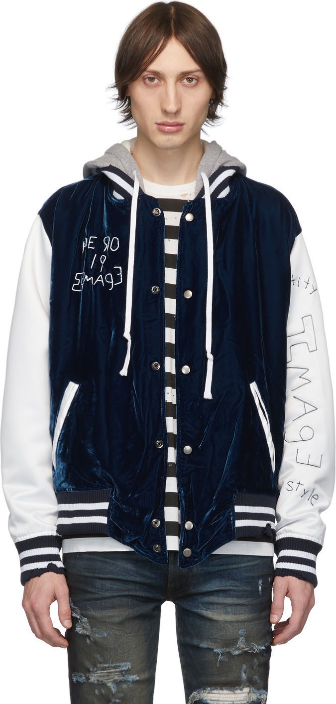 Greg Lauren Blue Velvet Varsity Bomber Jacket