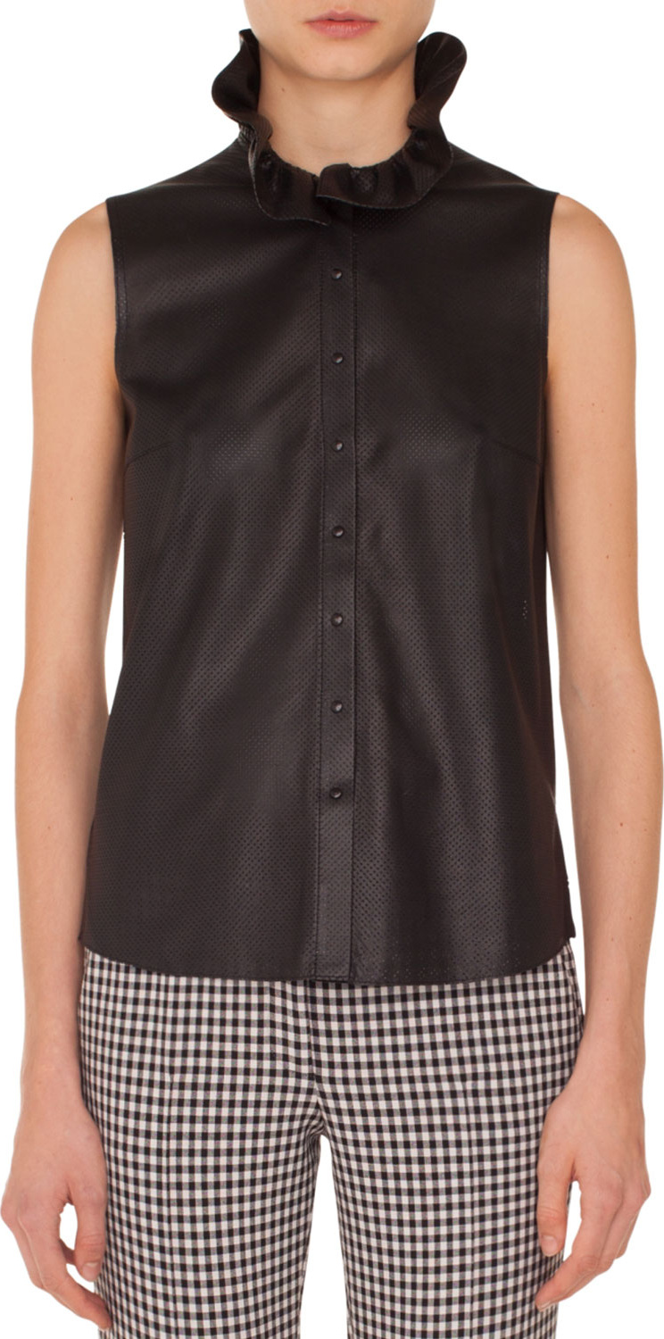 Akris Punto Sleeveless Ruffled-Turtleneck Button-Down Perforated Leather Top