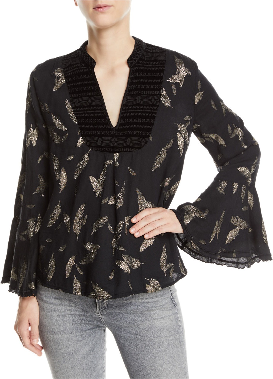 Johnny Was Metallic-Print Velvet-Trim Blouse