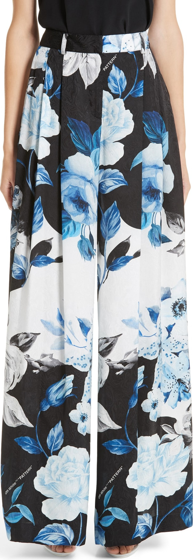 Off White Floral Wide Leg Silk Pants