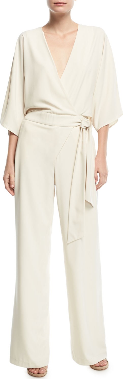 HALSTON HERITAGE Wide-Leg Wrap-Front Jumpsuit w/ Tie Waist