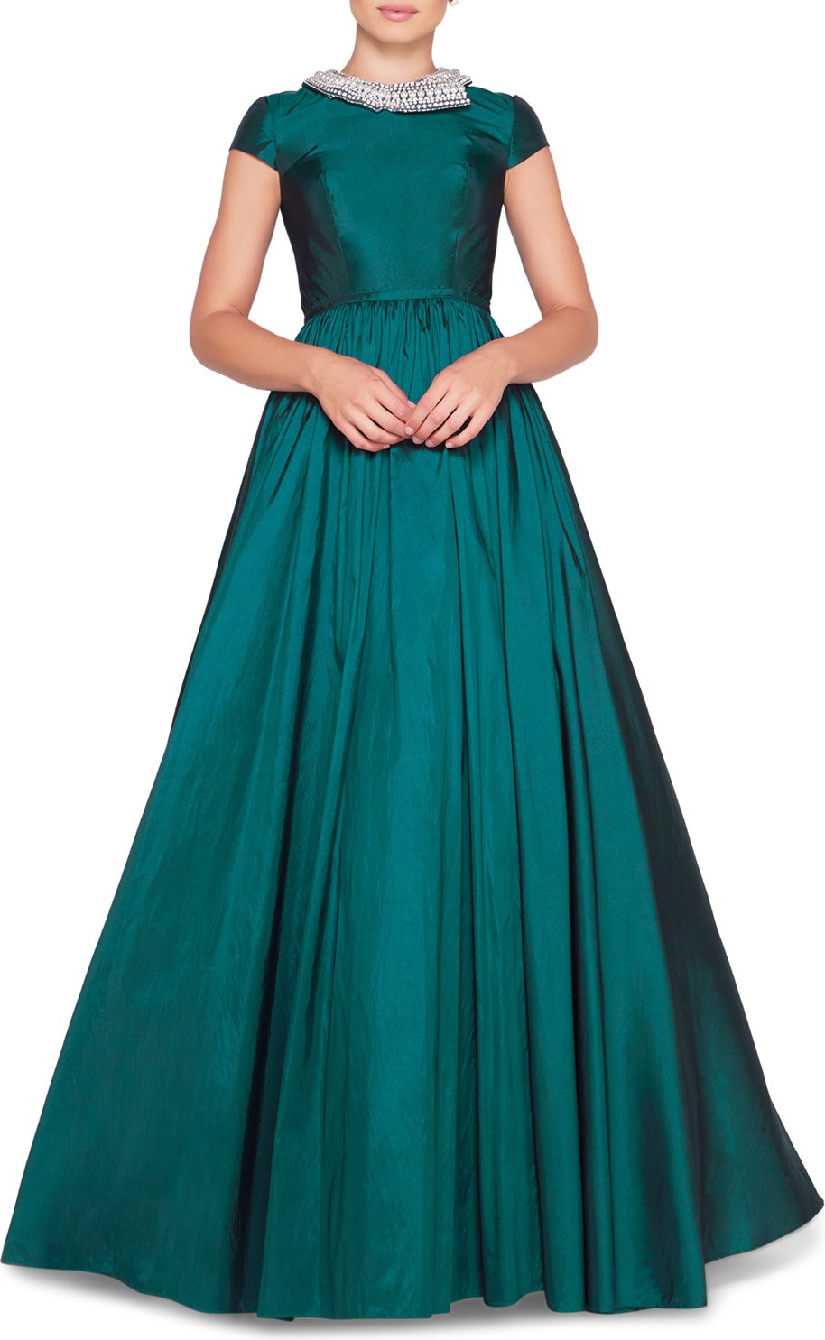 Ieena for Mac Duggal Cap-Sleeve Beaded High-Neck Satin Ball Gown