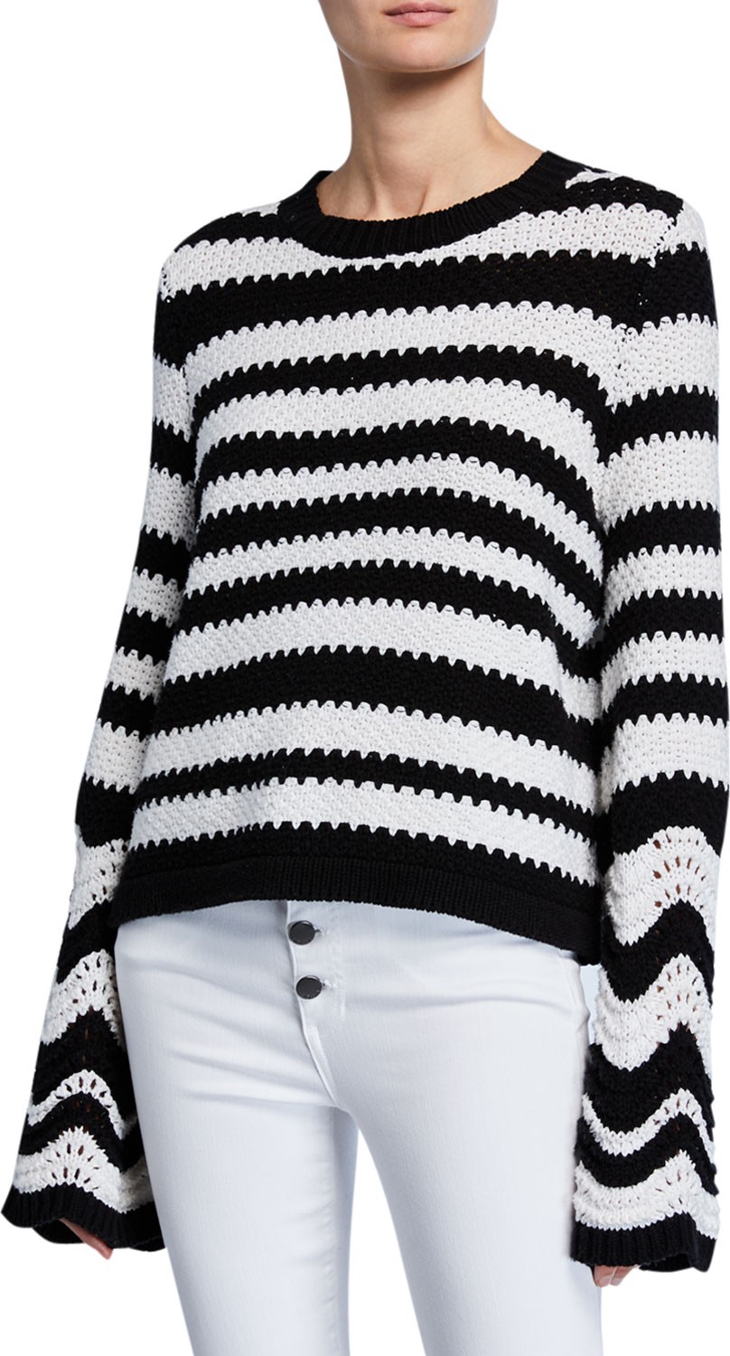 Alice + Olivia Alivia Striped Textured Bell-Sleeve Pullover