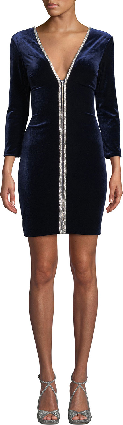 Jovani Long-Sleeve Velvet Mini Dress w/ Zippers
