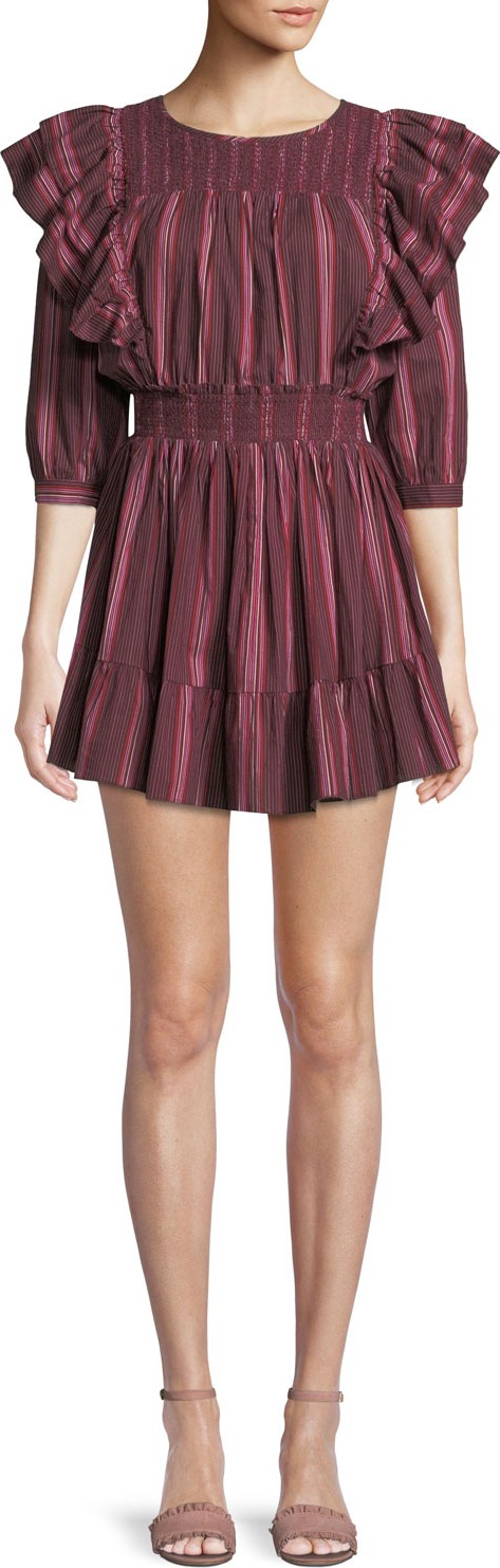 LOVESHACKFANCY Cassi Striped Ruffle 3/4-Sleeve Mini Dress