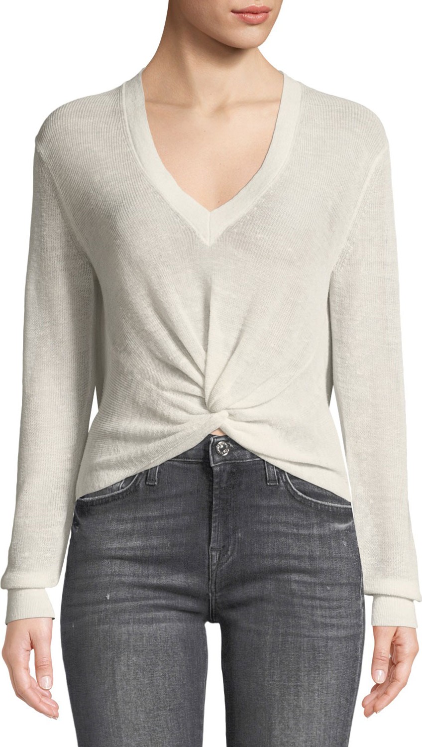 Veronica Beard Soren Twist-Front V-Neck Long-Sleeve Rib Sweater