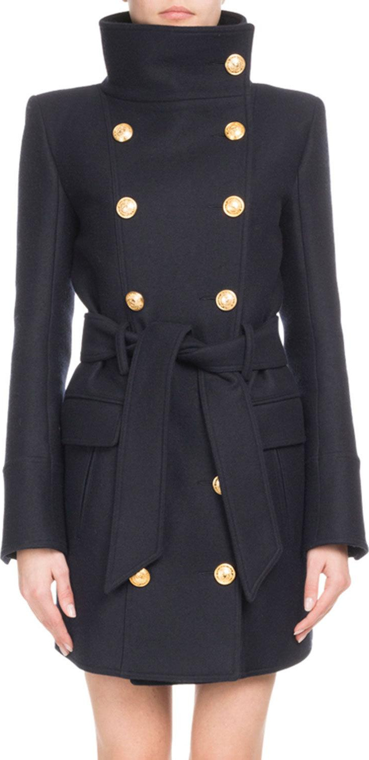 Balmain Funnel-Collar Double-Breasted Belted Wool-Cashmere Coat