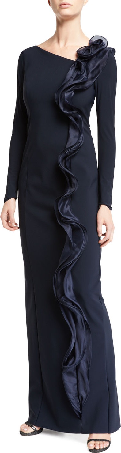 Rickie Freeman for Teri Jon Silk Ruffle Long-Sleeve Scuba Gown